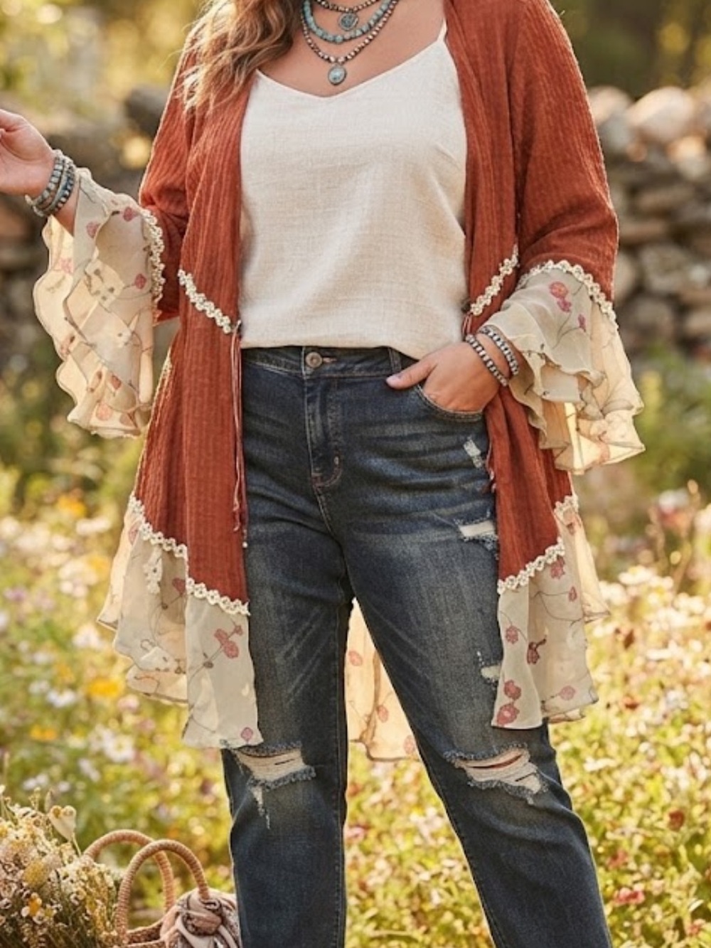 Sharie Ruth Rust Boho Kimono Jacket Cream Floral Chiffon Trim Size 4 2-3X